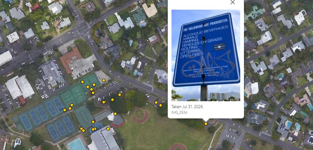 Satellite map of Kailua District Park with yellow markers for each sign, and a photo popup of a sign listing prohibited activities